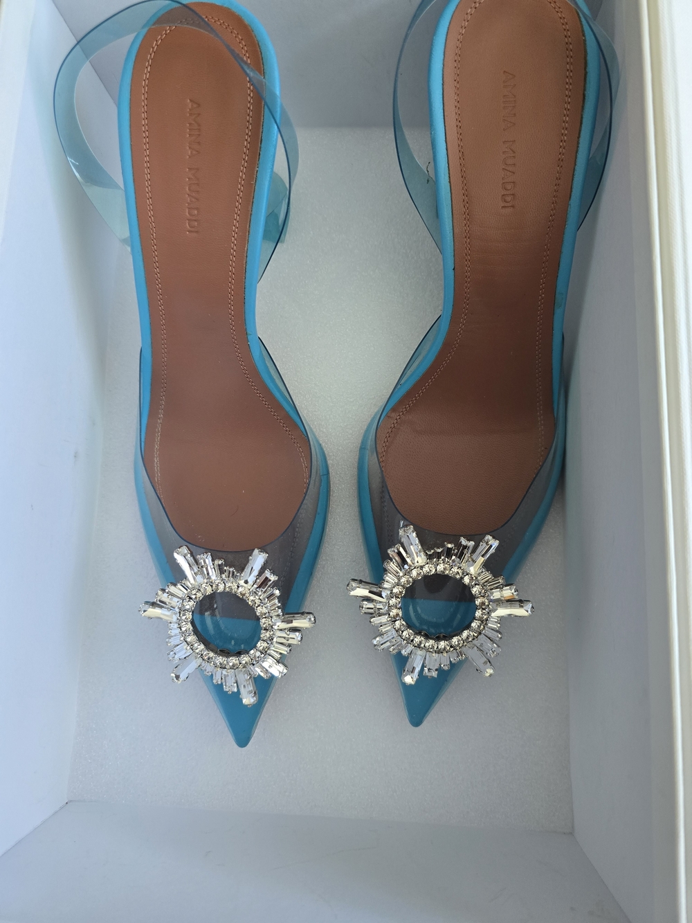 Amina Muaddi Turquoise Crystal-Embellished Pointed Slingbacks